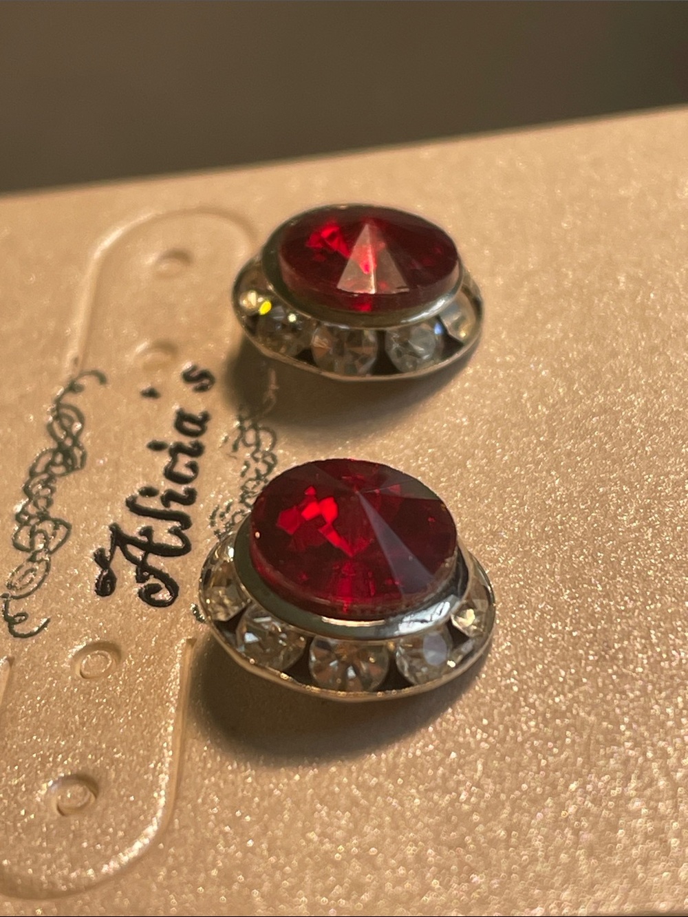 Alicia's Red Crystal Stud Earrings 1/2” - Picture 4 of 4